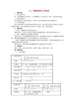 【精品】高二数学上 第八章 圆锥曲线方程： 8.2椭圆的简单几何性质(二)教案