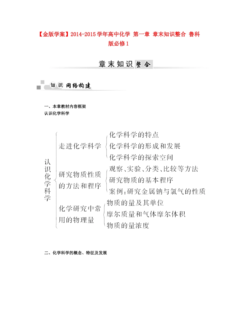 【金版学案】2014-2015学年高中化学 第一章 章末知识整合 鲁科版必修1_第1页