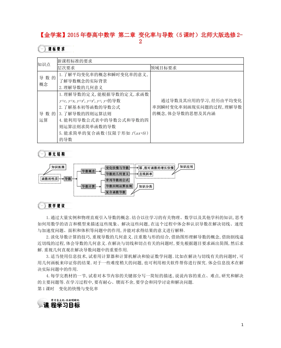 【金学案】2015年春高中数学 第二章 变化率与导数（5课时）北师大版选修2-2_第1页