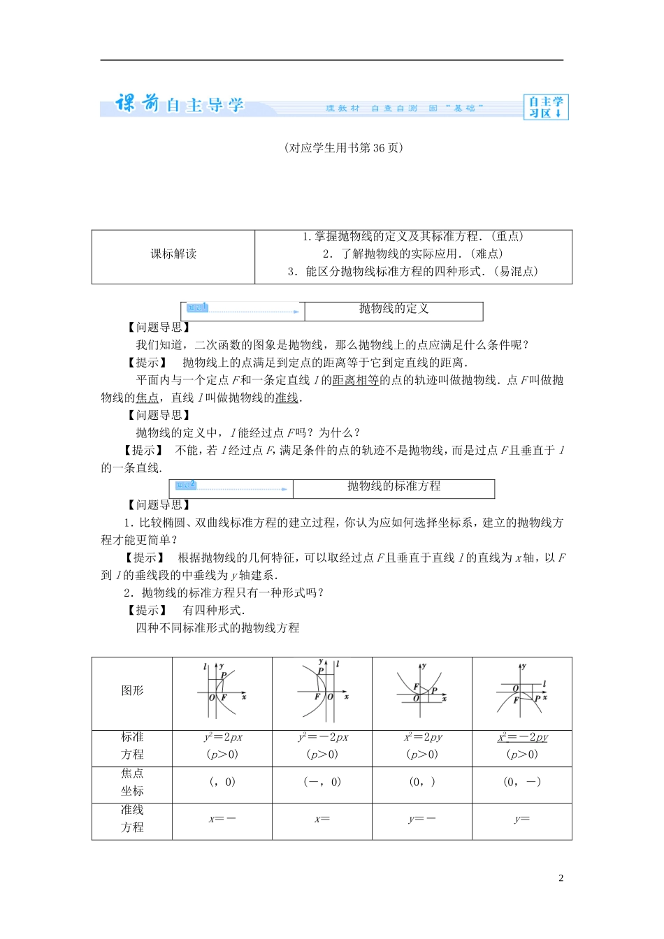 【课堂新坐标】（教师用书）2013-2014学年高中数学 2.3.1 抛物线及其标准方程教案 新人教A版选修1-1_第2页