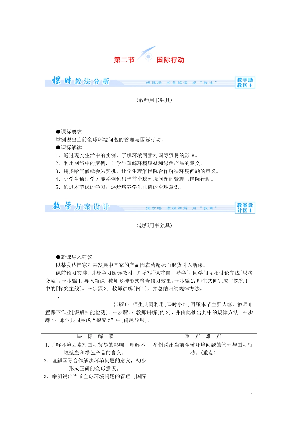 【课堂新坐标】（教师用书）2013-2014学年高中地理 第四单元 环境管理与安全行动 第二节 国际行动教学设计 鲁教版选修6_第1页