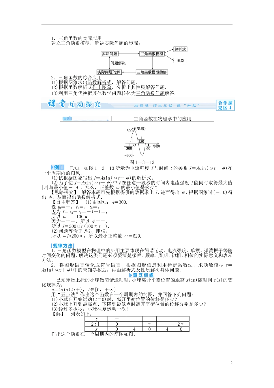 【课堂新坐标】（教师用书）2013-2014学年高中数学 1.3.4 三角函数的应用教案 苏教版必修4_第2页