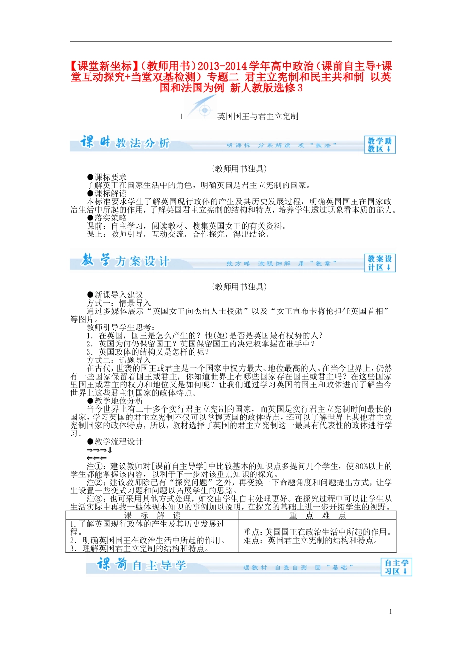 【课堂新坐标】（教师用书）2013-2014学年高中政治（课前自主导学+课堂互动探究+当堂双基检测）专题二 君主立宪制和民主共和制 以英国和法国为例 新人教版选修3_第1页