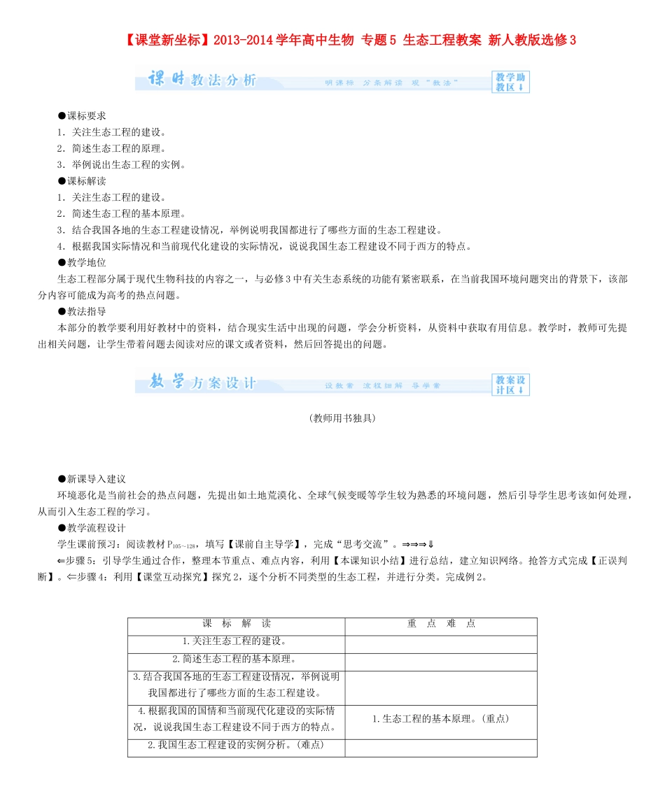 【课堂新坐标】2013-2014学年高中生物 专题5 生态工程教案 新人教版选修3_第1页