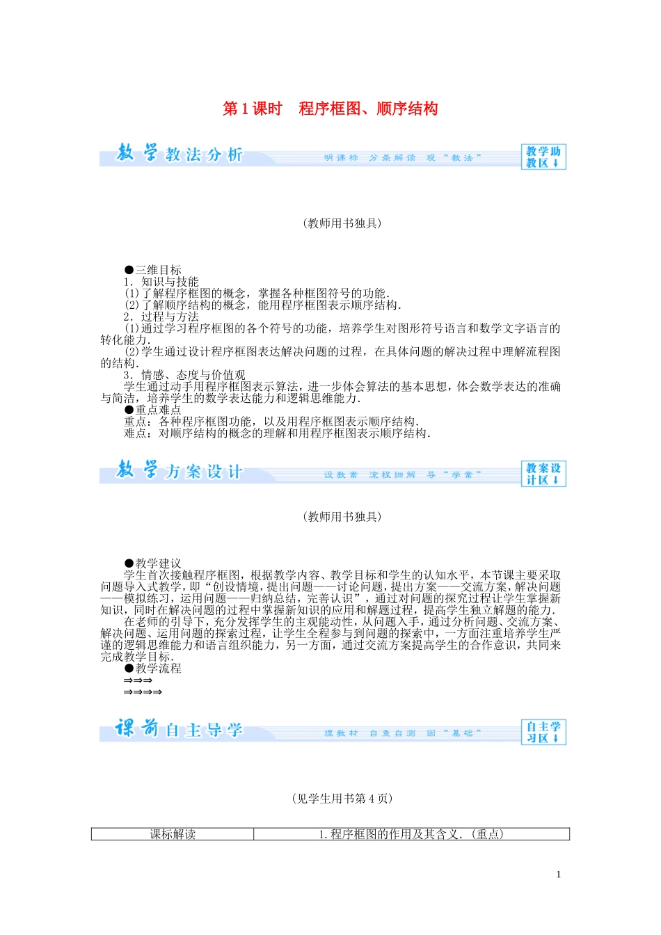 【课堂新坐标】2014高中数学 程序框图、顺序结构教案 新人教版必修3_第1页