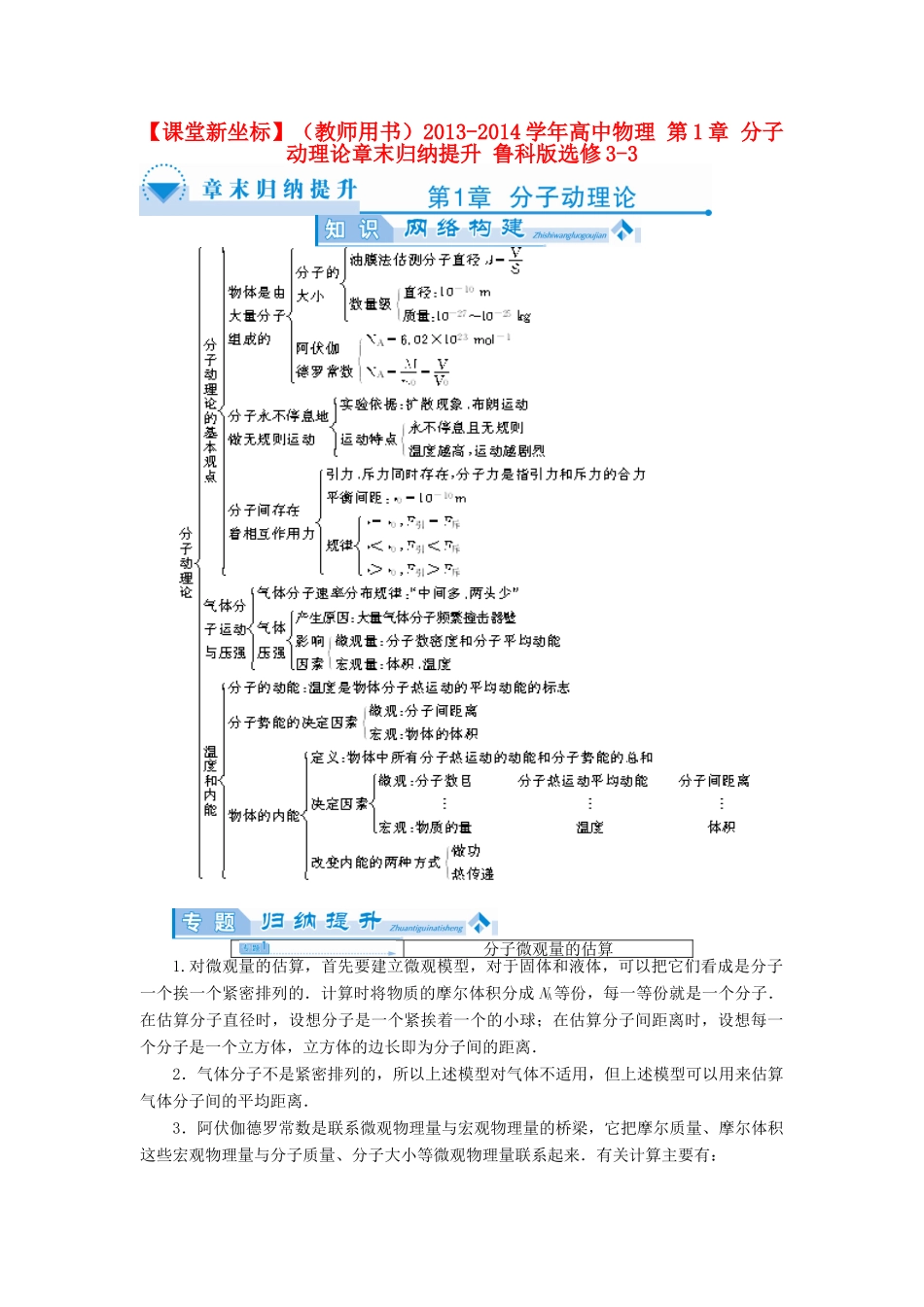 【课堂新坐标】（教师用书）2013-2014学年高中物理 第1章 分子动理论章末归纳提升 鲁科版选修3-3_第1页