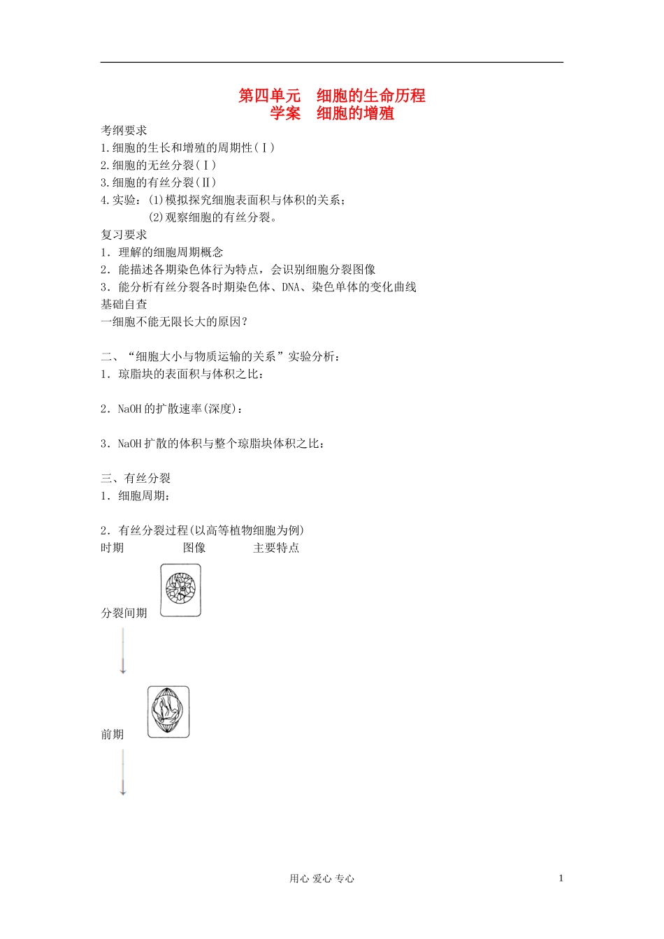 【赢在起点】2013届高考生物一轮复习 第四单元 细胞的增殖学案_第1页