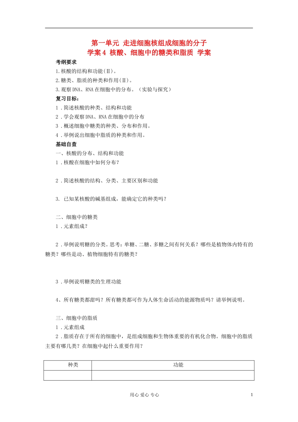 【赢在起点】2013届高考生物一轮复习 第一单元 核酸、细胞中的糖类和脂质学案_第1页