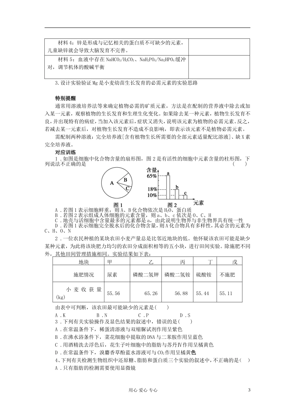 【赢在起点】2013届高考生物一轮复习 第一单元 细胞中的元素和化合物学案_第3页