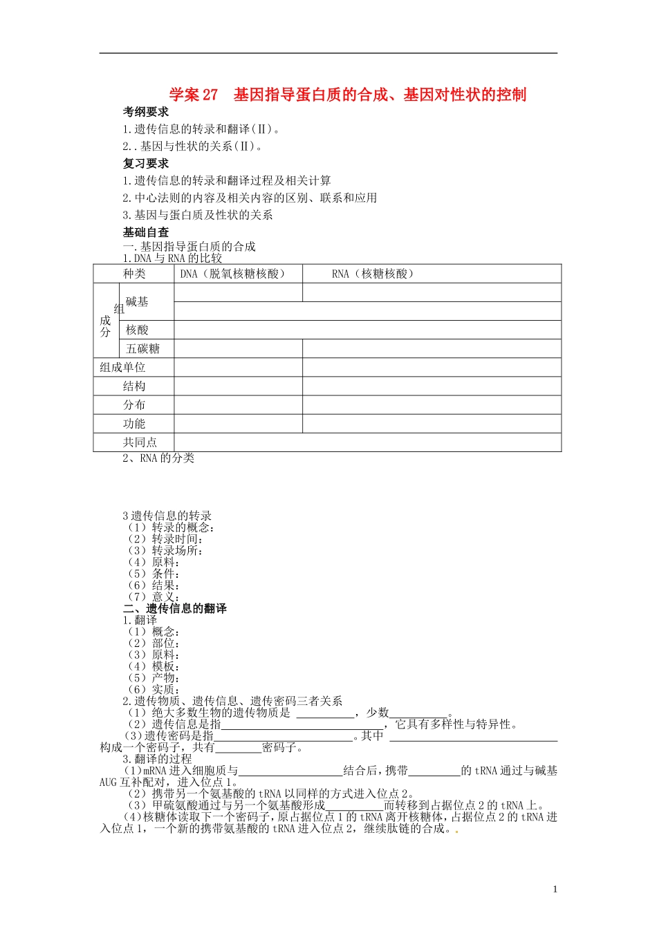【赢在起点】2014高考生物第一轮复习（基础自查+对应训练+限时训练+高考真题体验） 第27讲 基因指导蛋白质的合成及对性状的控制学案（含解析）_第1页