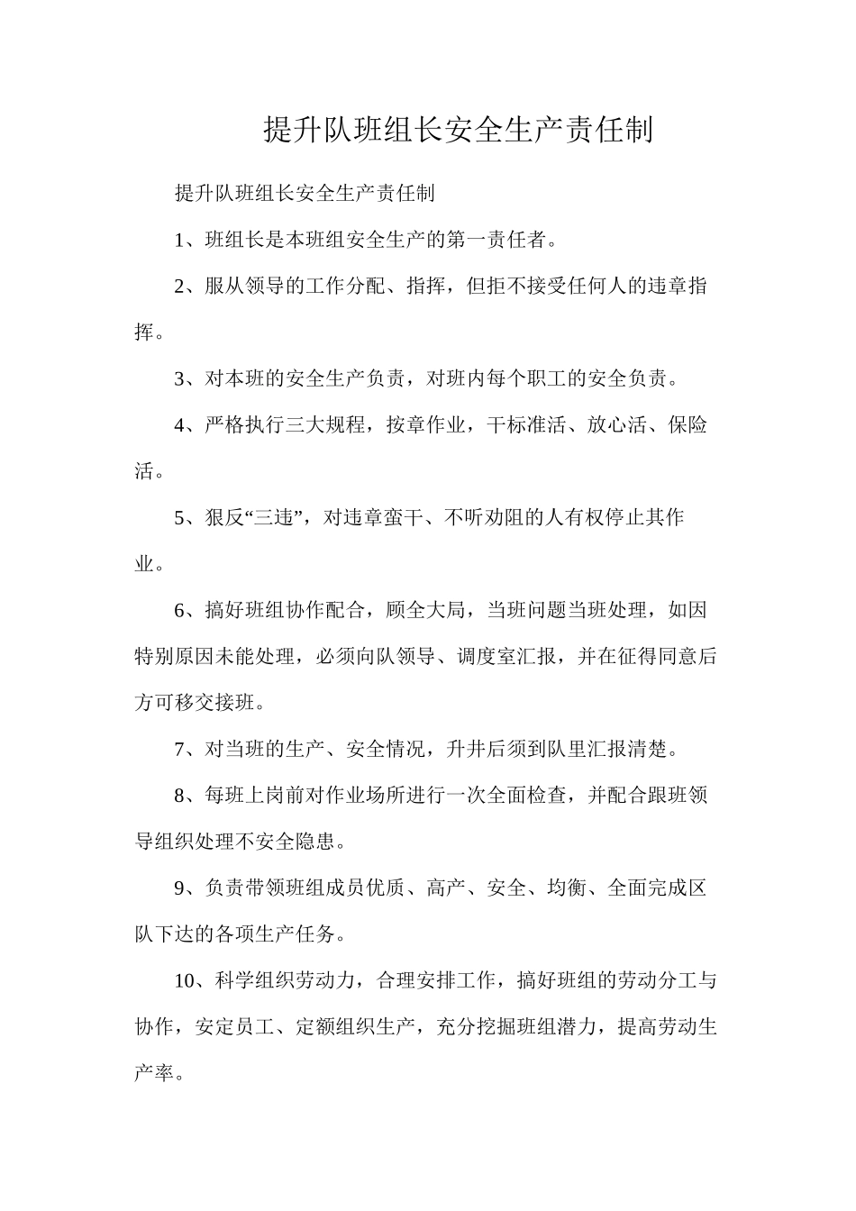 提升队班组长安全生产责任制_第1页