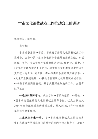 文化消费试点工作推进会上的讲话