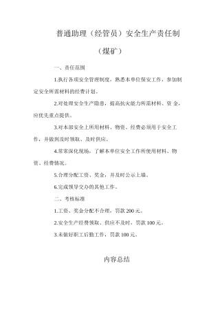 普通助理（经管员）安全生产责任制（煤矿）