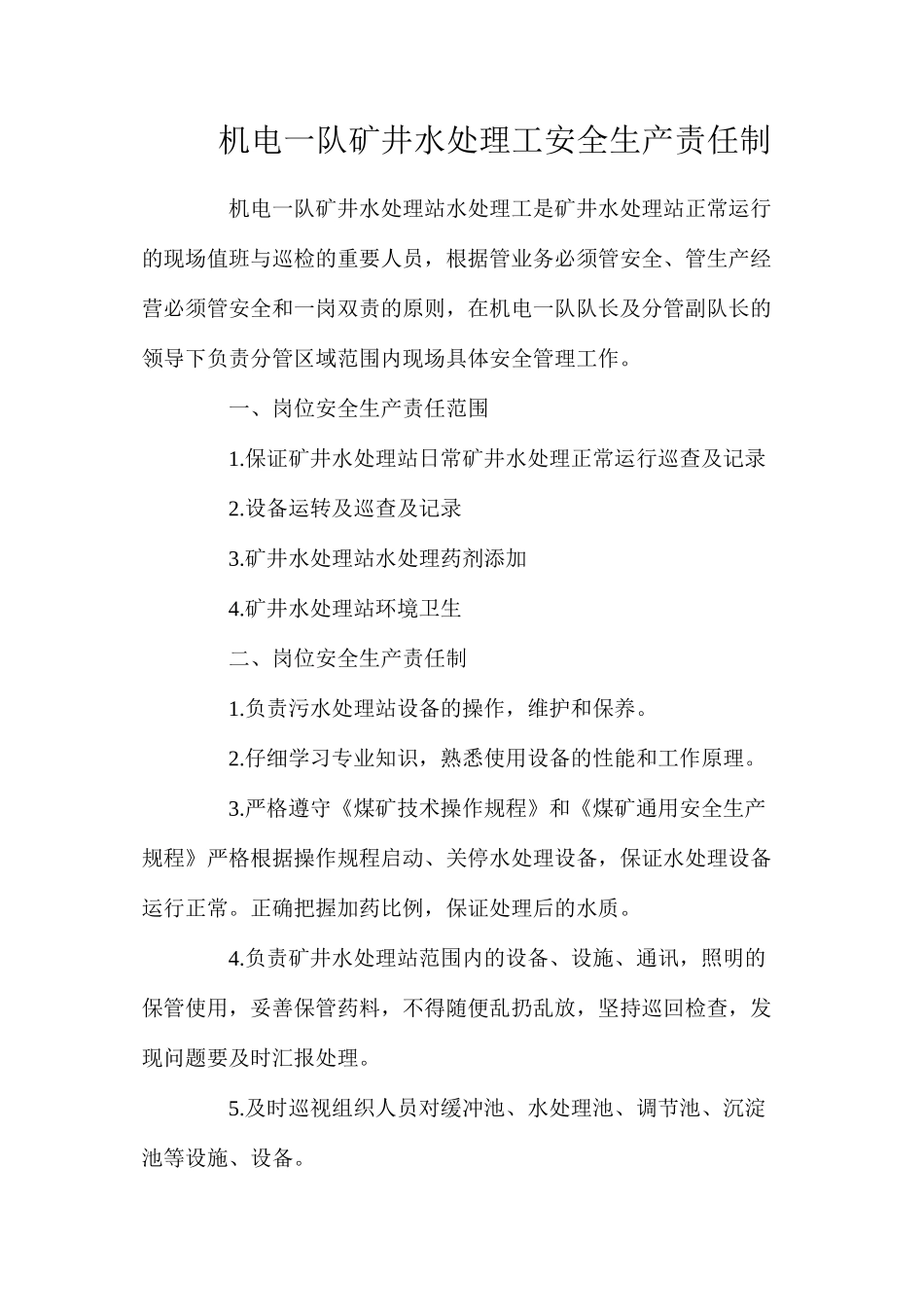 机电一队矿井水处理工安全生产责任制_第1页