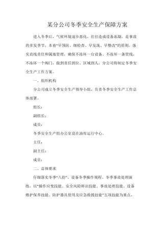 某分公司冬季安全生产保障方案