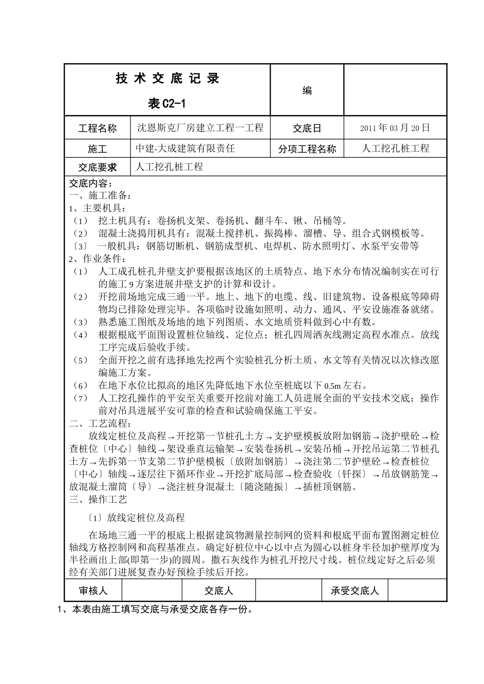 某厂房一期工程人工挖孔桩技术交底_第1页