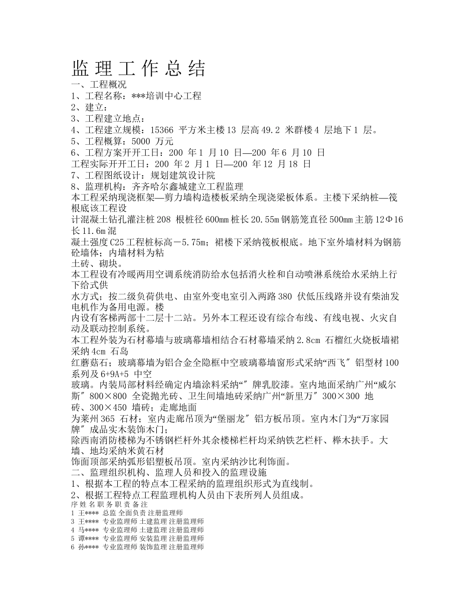 某培训中心工程监理工作总结_第1页