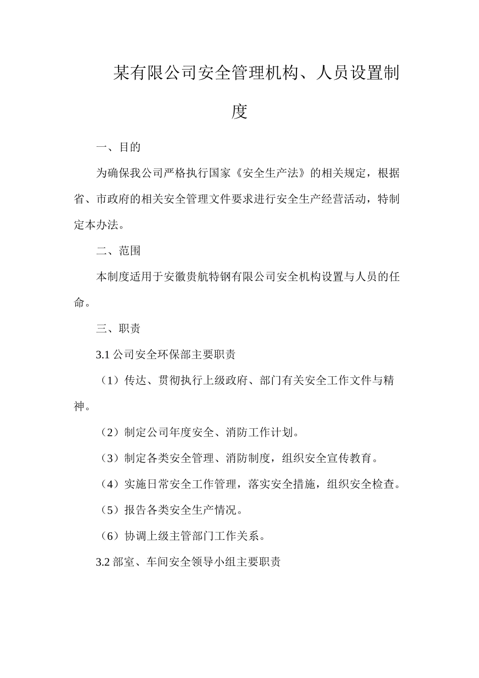 某有限公司安全管理机构、人员设置制度_第1页