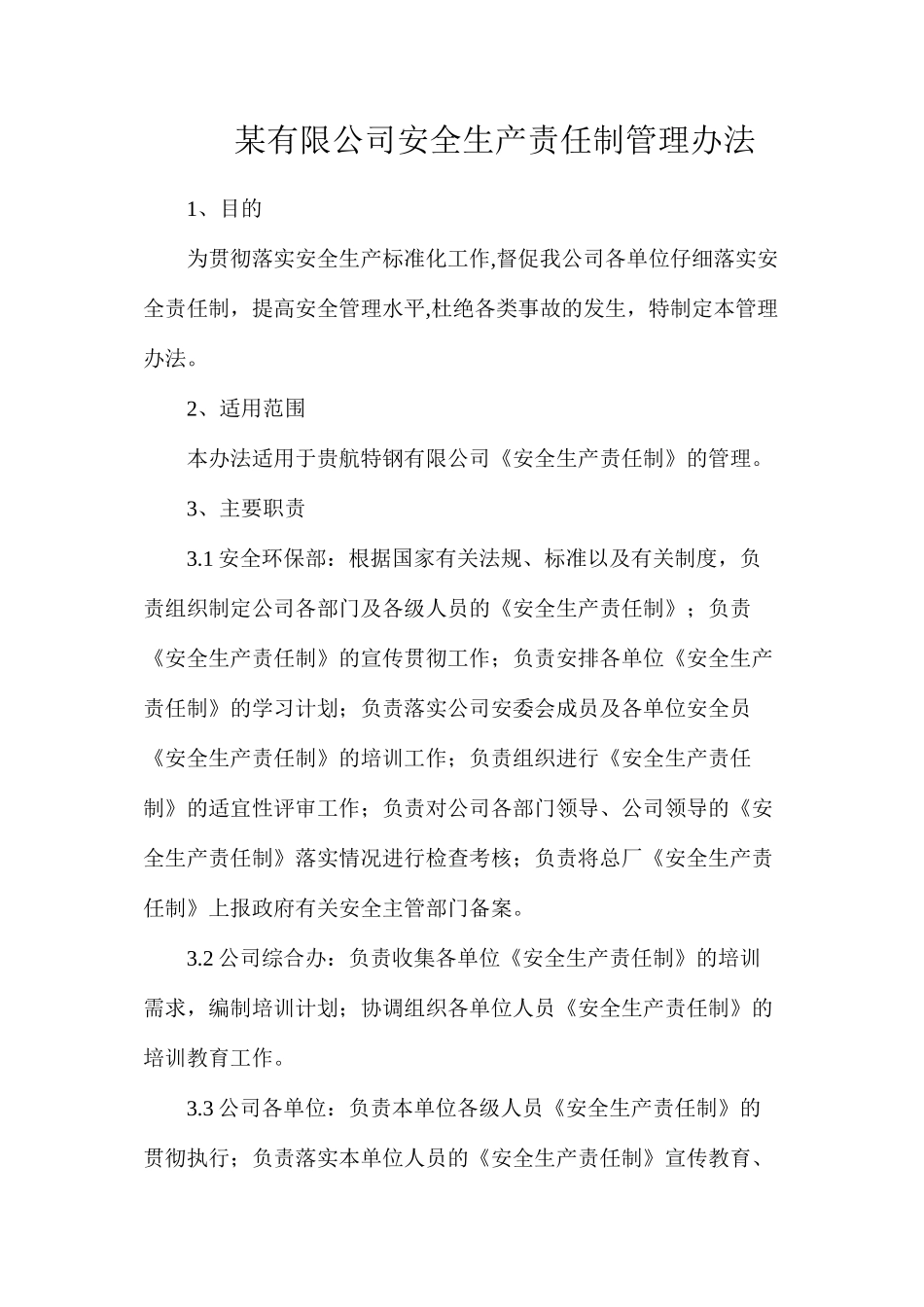某有限公司安全生产责任制管理办法_第1页