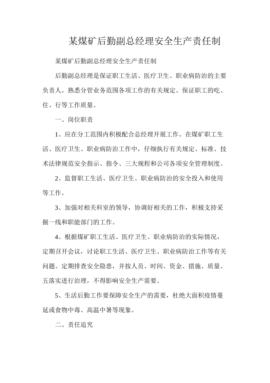 某煤矿后勤副总经理安全生产责任制_第1页