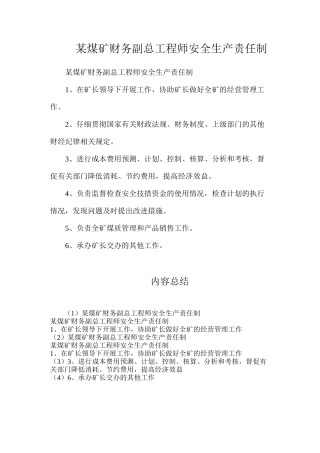 某煤矿财务副总工程师安全生产责任制