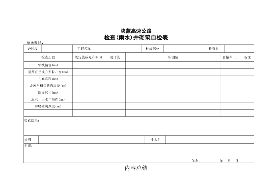 桥涵表 检查（雨水）井砌筑检查表_第1页