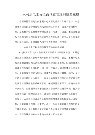 水利水电工程全面预算管理问题及策略