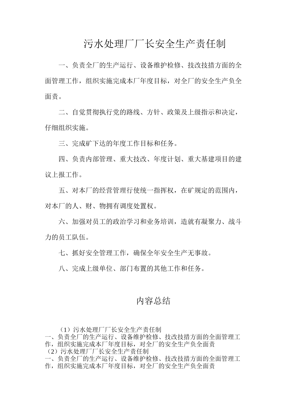 污水处理厂厂长安全生产责任制_第1页