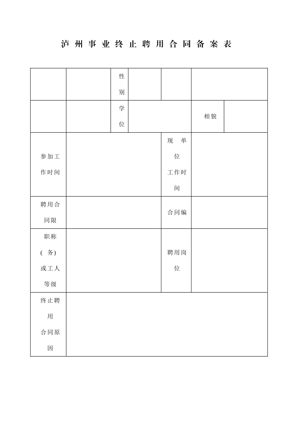泸州市事业单位终止聘用合同备案表_第1页