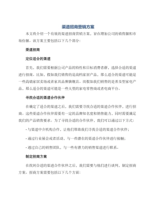 渠道招商营销方案