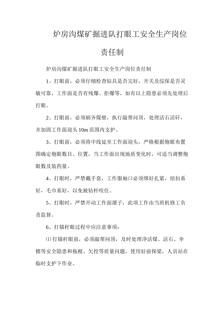 炉房沟煤矿掘进队打眼工安全生产岗位责任制_第1页