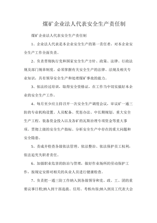 煤矿企业法人代表安全生产责任制