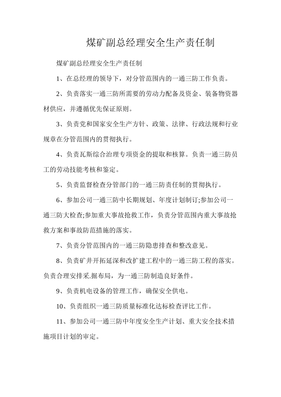 煤矿副总经理安全生产责任制_第1页
