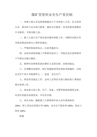 煤矿劳资科安全生产责任制