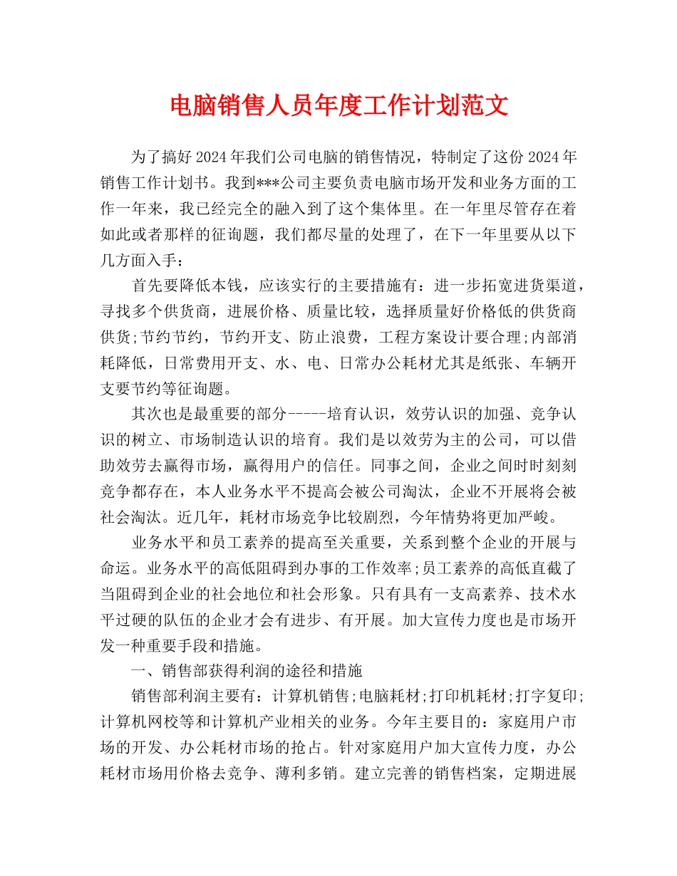 电脑销售人员年度工作计划范文_第1页