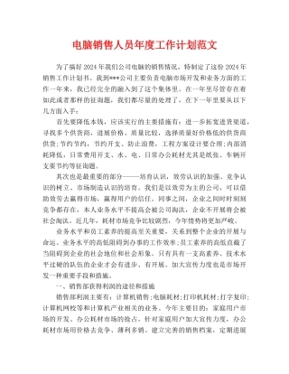电脑销售人员年度工作计划范文