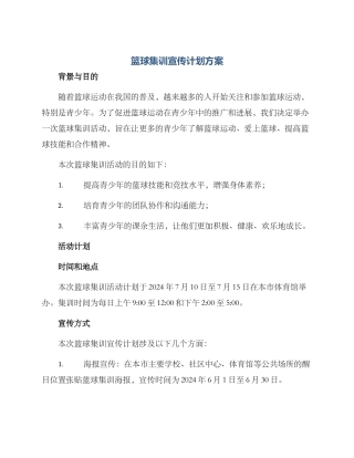 篮球集训宣传计划方案