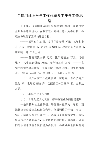 17信用社上半年工作总结及下半年工作思路