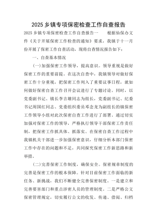 2025乡镇专项保密检查工作自查报告