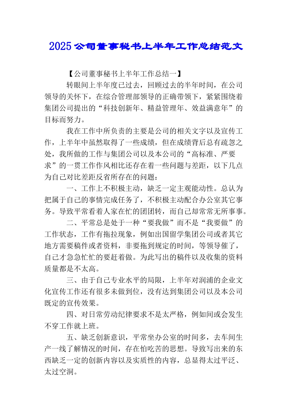 2025公司董事秘书上半年工作总结范文_第1页