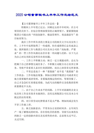 2025公司董事秘书上半年工作总结范文