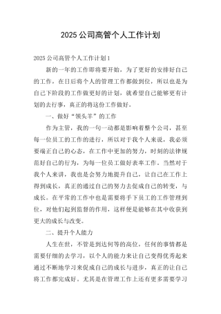 2025公司高管个人工作计划