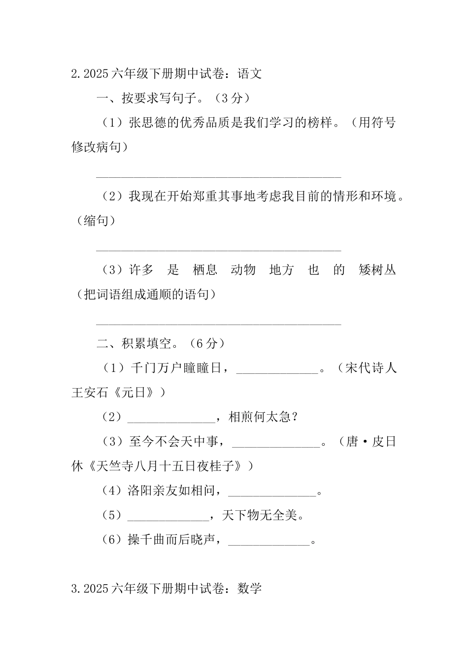 2025六年级下册期中试卷_第2页