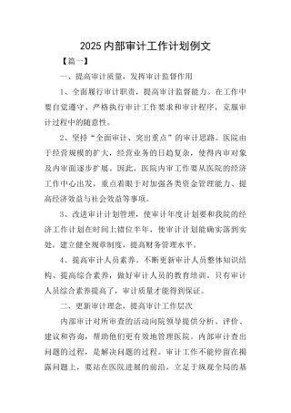2025内部审计工作计划例文
