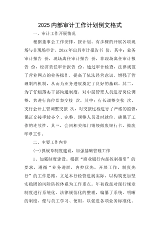 2025内部审计工作计划例文格式