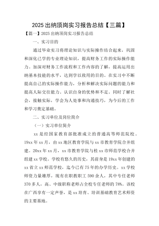 2025出纳顶岗实习报告总结