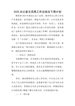 2025办公室文员周工作总结及下周计划