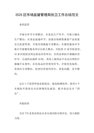 2025区市场监督管理局创卫工作总结范文