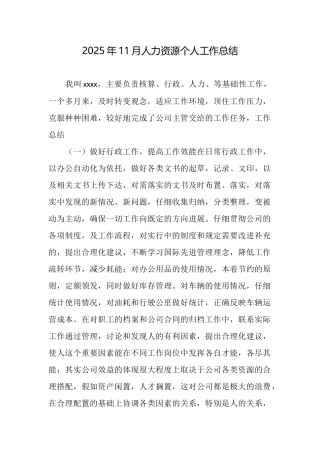 2025年11月人力资源个人工作总结