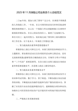 2025年11月保险公司业务员个人总结范文